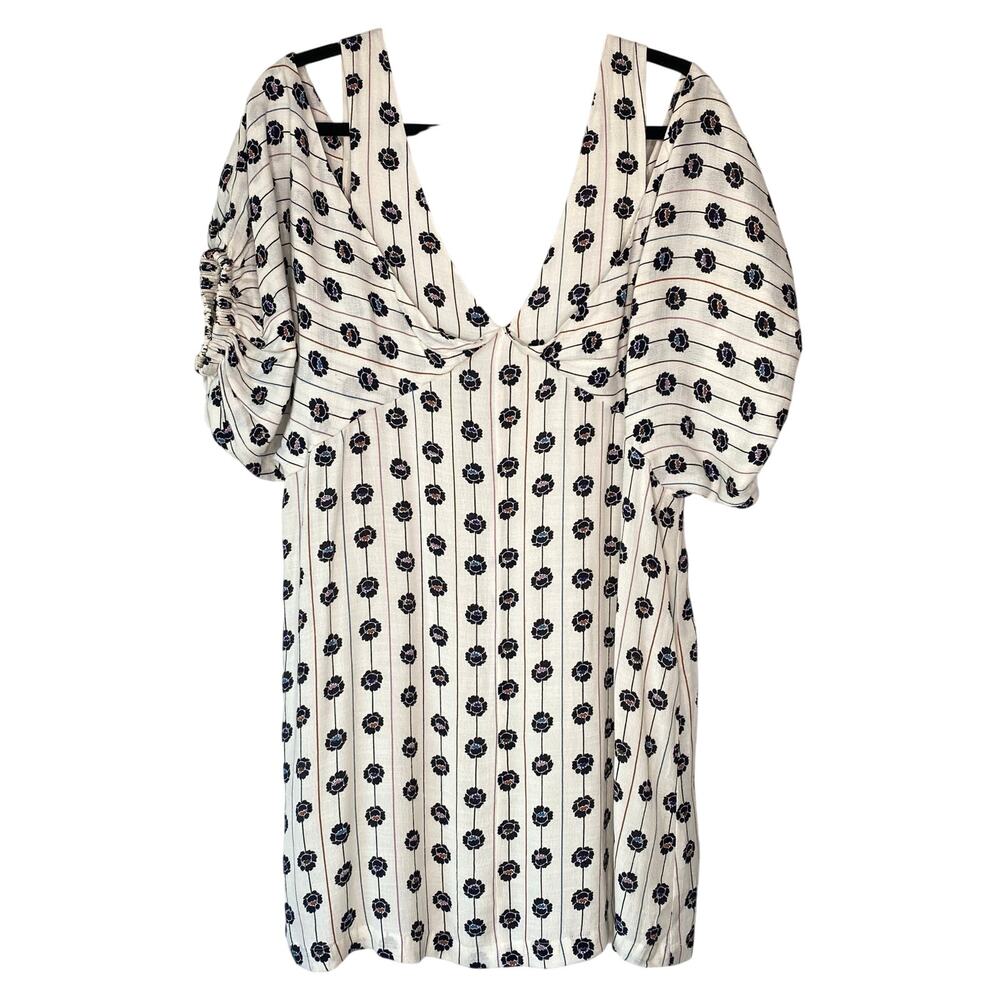 Free People Multicolored Striped Floral Cutout Puff Sleeve Mini Dress Size Large